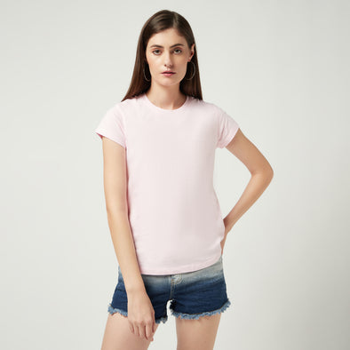 Printed Women Round Neck Cotton Pink T-Shirt