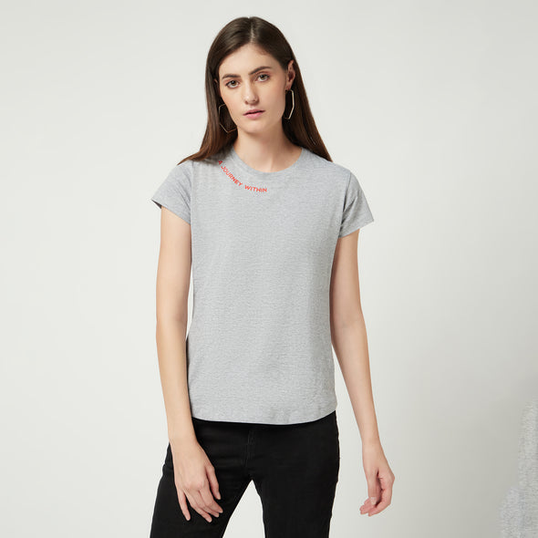 Printed Women Round Neck Cotton Grey T-Shirt