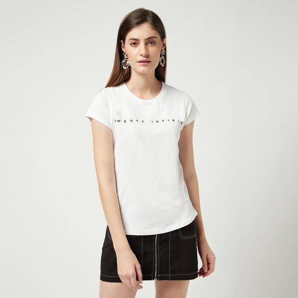Printed Women Round Neck Cotton White T-Shirt