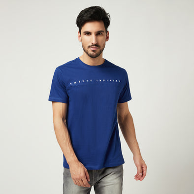 Printed Men Round Neck Cotton Blue T-Shirt