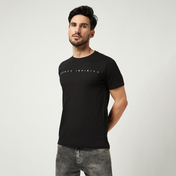 Printed Men Round Neck Cotton Black T-Shirt