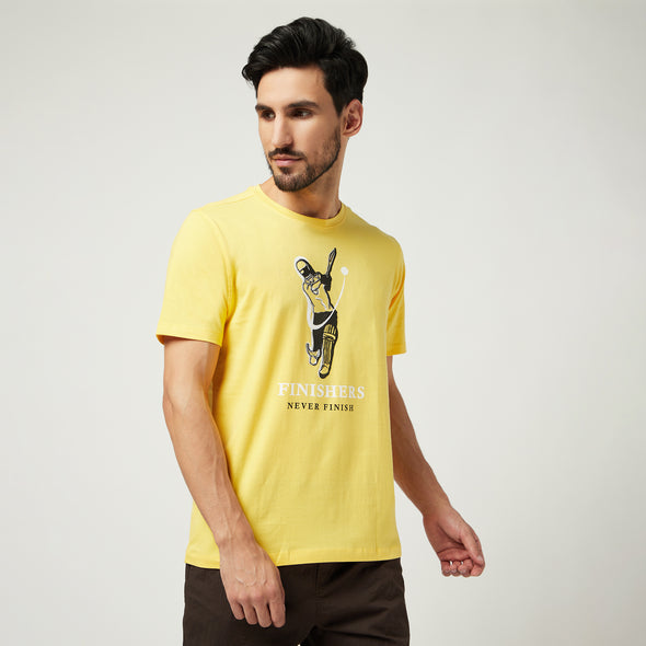 Graphic Print Men Round Neck Dhoni Yellow T-Shirt