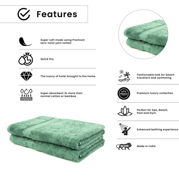 Zero Twist Yarn 100% Cotton Ultra Luxury 500 GSM Bath Towel- Green