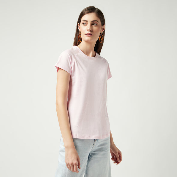 Printed Women Round Neck Cotton Pink T-Shirt