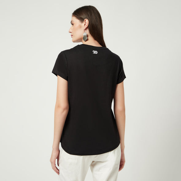 Printed Women Round Neck Cotton Black T-Shirt